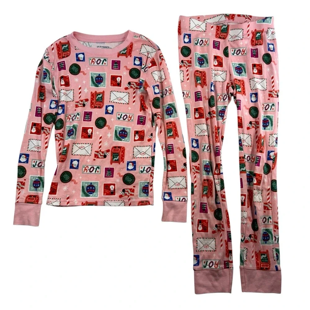 Old Navy Kids L‎ 10 Pajamas Set 2 Piece Holiday Christmas Pink Matching Snug-Fit